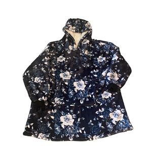 Snug Hoodie Adult or Kids Floral with Kangaroo Front Pocket Navy Blue / White